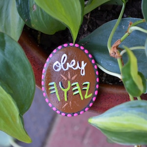 May include: A brown painted rock with pink polka dots around the edge. The rock has the words "obey" and "fyyz" written on it in white and green paint.