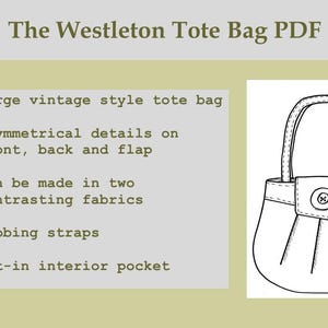 K&ouml;nnte beinhalten: Strichzeichnung einer Tragetasche mit dem Text "The Westleton Tote Bag PDF". Die Tasche hat asymmetrische Details, Gurtb&auml;nder und eine Innentasche. Das Design ist im Vintage-Stil gehalten.