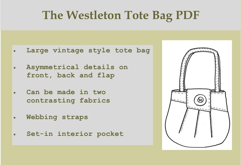 K&ouml;nnte beinhalten: Strichzeichnung einer Tragetasche mit dem Text "The Westleton Tote Bag PDF". Die Tasche hat asymmetrische Details, Gurtb&auml;nder und eine Innentasche. Das Design ist im Vintage-Stil gehalten.