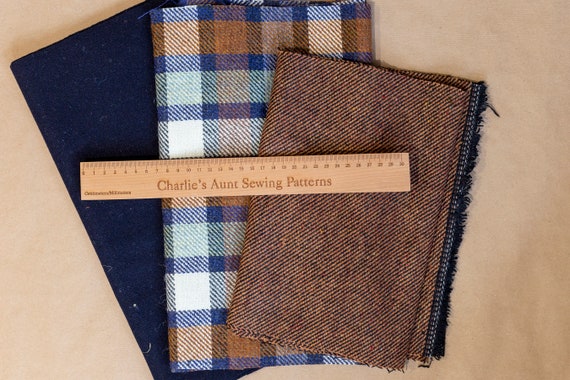 Fabric pack with plaid and diagonal weave British tweeds, wool Melton fabric, vintage buttons and optional strap