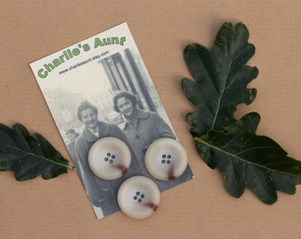 Large vintage buttons, three cream and chocolate buttons, two hole buttons, 34mm size, bag and hat trims, vintage fasteners, sewing project