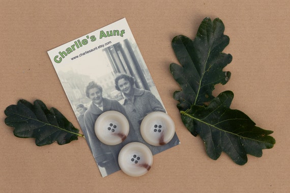 Large vintage buttons, three cream and chocolate buttons, two hole buttons, 34mm size, bag and hat trims, vintage fasteners, sewing project