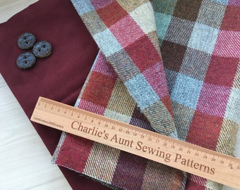 British wool tweed fabric, corduroy fabric, limited edition cloth, checked weave, vintage leather-look buttons, bag making fabrics