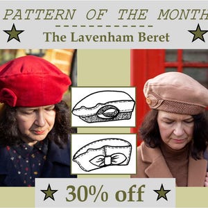 Könnte beinhalten: Ein Lavenham-Barett-Schnittmuster mit dem Text Pattern of the Month und 30% off. Zwei Barette sind abgebildet: ein rotes mit seitlicher Schleife und ein beiges mit braunem Musterband und Knopf. Zwei schwarz-weiße Strichzeichnungen zeigen die Konstruktionsdetails.