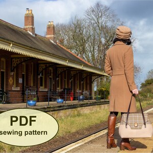 May include: A PDF sewing pattern for a brown and beige plaid handbag with a brown leather strap. The bag is being held by a person wearing a brown coat and a brown hat, standing on a train platform.