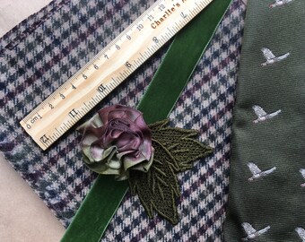 Wool tweed, luxury fabrics, clutch bag sewing pack, British wool tweed, unique hand-painted flower, Sudbury silk, vintage buttons, one-off