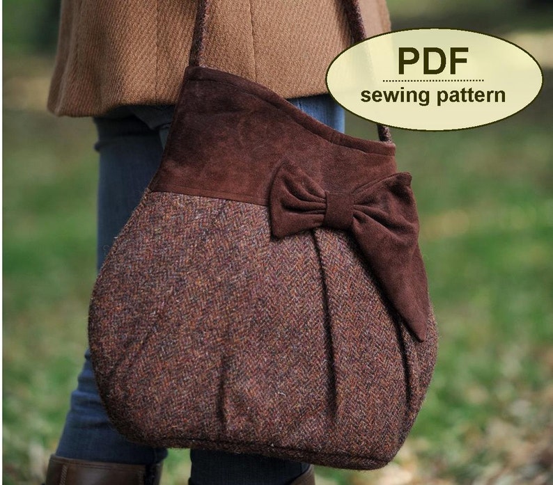 May include: A brown tweed handbag with a brown suede bow and a brown suede flap. PDF sewing pattern.