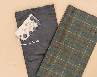 One-off fabric pack with wool plaid tweed, English corduroy plus vintage buttons, in shades of olive, russet and blue