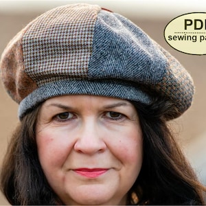 May include: A multi-toned tweed beret with a patchwork design. The hat features brown, gray, and patterned sections. The image includes a text overlay that reads "PDF sewing pattern".