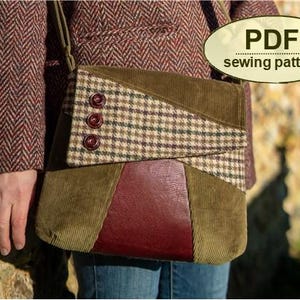 May include: A patchwork shoulder bag with a corduroy and plaid design. The bag features a burgundy leather panel and three brown buttons. The text "PDF sewing pattern" is in an oval on the upper right.