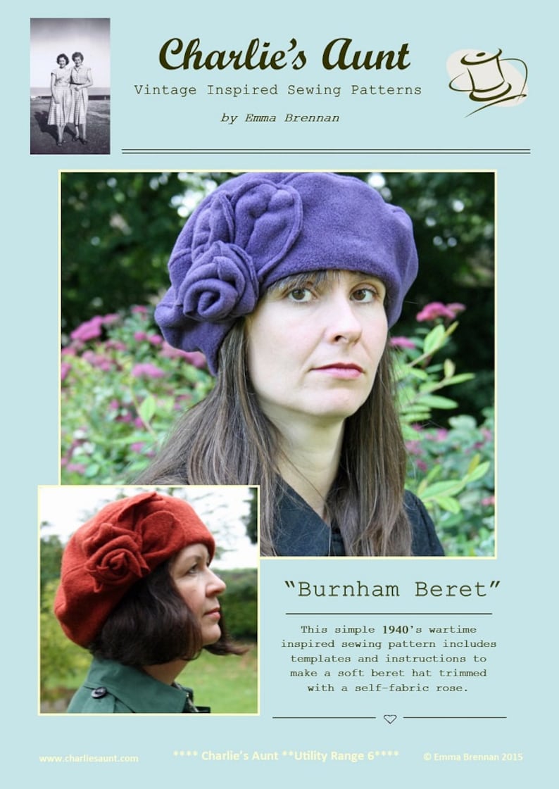 Beret sewing pattern, vintage inspired hat PDF with rose trim, Burnham Beret, instant download, DIY craft sewing project image 5