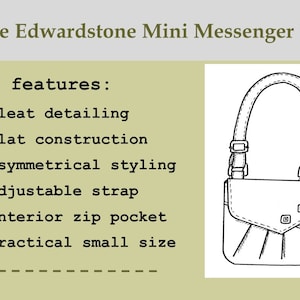 Pu&ograve; includere: Un disegno in bianco e nero di una piccola borsa a tracolla con un dettaglio a pieghe, una tracolla regolabile e una tasca interna con zip. La borsa &egrave; etichettata "The Edwardstone Mini Messenger Bag" e elenca le caratteristiche principali: "Dettagli a pieghe", "Costruzione piatta", "Stile asimmetrico", "Tracolla regolabile", "Tasca interna con zip" e "Dimensioni piccole pratiche".