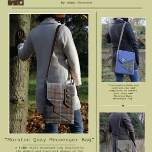 May include: A sewing pattern for a brown and blue plaid messenger bag with a flap, pocket, and tab. The pattern is called "Morston Quay Messenger Bag" and is inspired by 1940s style messenger bags.