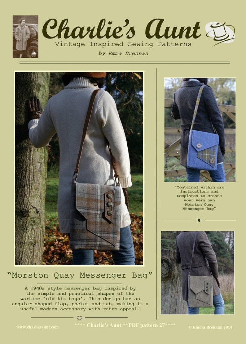 May include: A sewing pattern for a brown and blue plaid messenger bag with a flap, pocket, and tab. The pattern is called "Morston Quay Messenger Bag" and is inspired by 1940s style messenger bags.