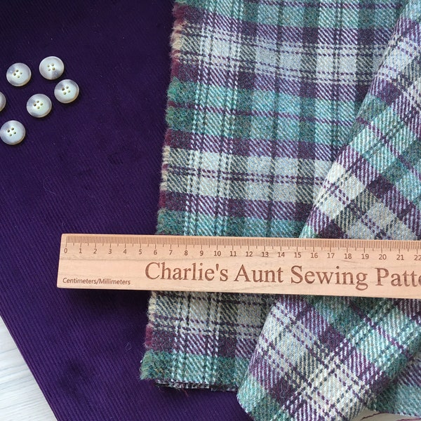 Limited edition fabric pack with British wool plaid tweed and cotton corduroy plus vintage buttons, in shades of aubergine, spruce and latte