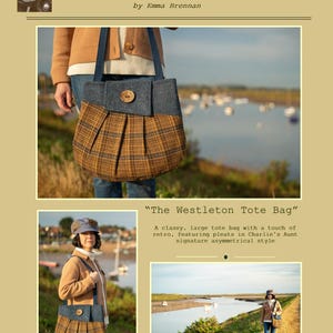 K&ouml;nnte beinhalten: Eine Tragetasche im Retro-Design mit einer plissierten Vorderseite aus braun-goldfarbenem Karomuster. Die Tasche hat einen grauen oberen Bereich mit einem Holzknopf und dunkelblauen Tr&auml;gern. Der Text "Charlie's Aunt" ist oben zu sehen.