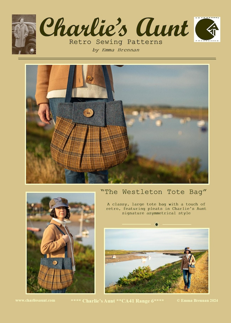 K&ouml;nnte beinhalten: Eine Tragetasche im Retro-Design mit einer plissierten Vorderseite aus braun-goldfarbenem Karomuster. Die Tasche hat einen grauen oberen Bereich mit einem Holzknopf und dunkelblauen Tr&auml;gern. Der Text "Charlie's Aunt" ist oben zu sehen.