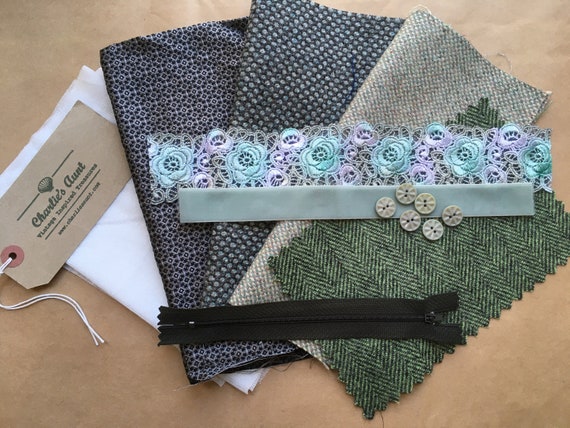 Wool tweed small purse making fabrics, PDF purse pattern, British wool tweed, Sudbury silk, vintage velvet ribbon, vintage glass buttons
