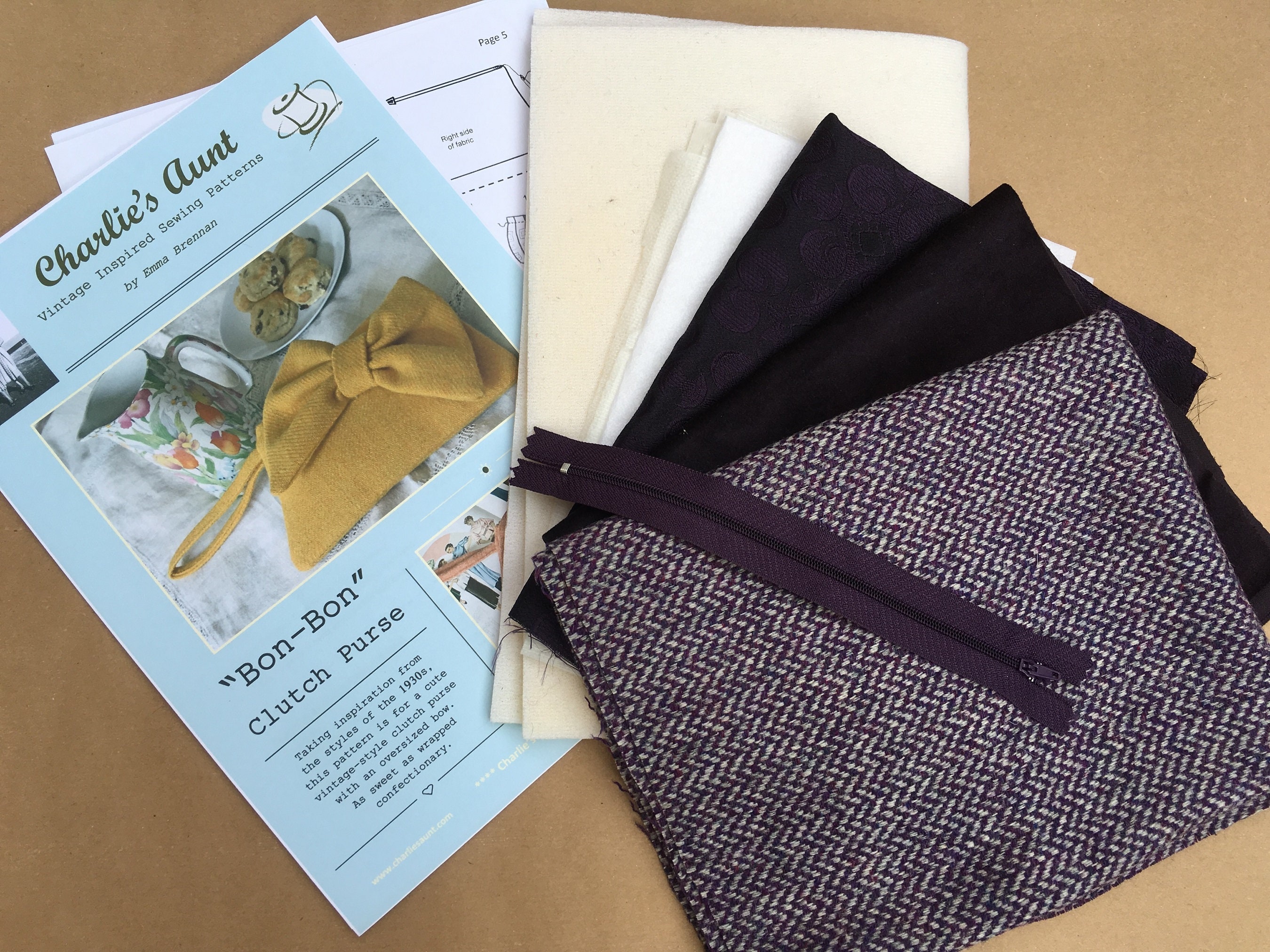 Sewing kit to make the Bon-Bon Clutch Purse in grape and grey wool  herringbone tweed with velvet bow, pattern included