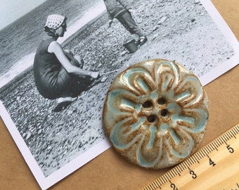 One extra large handmade vintage ceramic button size approx. 2" (50mm) diameter, dating back to the 1990s