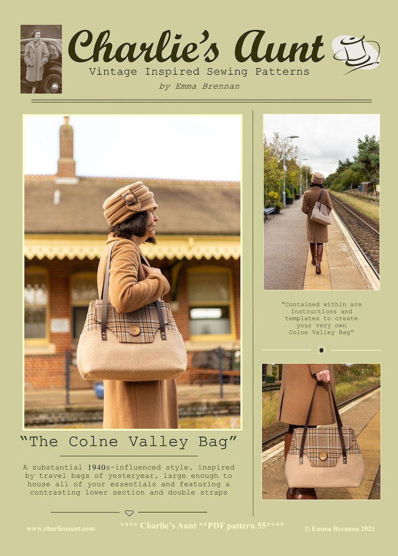 May include: A sewing pattern for a brown and beige tote bag with a plaid fabric detail. The bag is called "The Colne Valley Bag" and is inspired by 1940s travel bags. The pattern includes instructions and templates to create the bag.