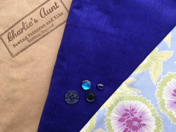 British cotton needlecord fabric, bluey purple corduroy fabric, retro cotton print remnant, clutch bag making fabric, sewing fabric pack