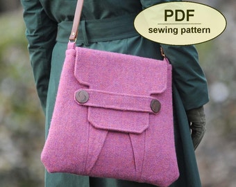 May include: A pink tweed shoulder bag with a flap closure and a brown leather strap. The bag has a decorative button on the flap. PDF sewing pattern.