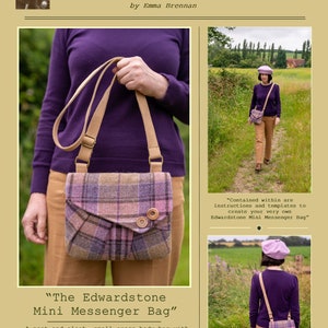 Pu&ograve; includere: Una piccola borsa a tracolla a quadri viola e marrone con una tracolla marrone e due bottoni. La borsa &egrave; tenuta da una persona che indossa una camicia viola e pantaloni marroni. Il testo "The Edwardstone Mini Messenger Bag" &egrave; nella parte inferiore dell'immagine.