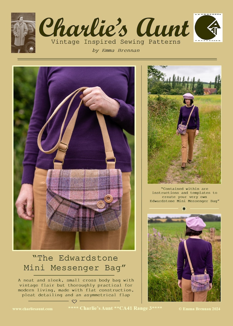 Pu&ograve; includere: Una piccola borsa a tracolla a quadri viola e marrone con una tracolla marrone e due bottoni. La borsa &egrave; tenuta da una persona che indossa una camicia viola e pantaloni marroni. Il testo "The Edwardstone Mini Messenger Bag" &egrave; nella parte inferiore dell'immagine.