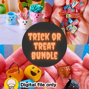 Può includere: Una collezione di oggetti in miniatura a tema Halloween che include vasi a forma di fantasma, minuscole scatole di caramelle, secchielli a forma di zucca e contenitori a forma di gatto. L'immagine presenta il testo TRICK OR TREAT BUNDLE e Digital file only.