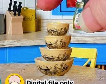 1/12 Dollhouse miniature Pyrex-inspired nested mixing bowls - Digital STL file
