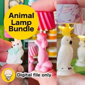 May include: A collection of miniature animal lamps, including a white cat, a pink poodle, and a white cockatoo. Each lamp has a unique shade design. The image includes the text "Animal Lamp Bundle" and "Digital file only".
