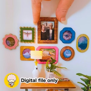 May include: A collection of miniature framed art pieces in various shapes and colors, including pink, green, and blue. The frames surround small images of landscapes and portraits. The text "Digital file only" is visible.