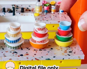 1/12 Dollhouse miniature Pyrex-inspired nested mixing bowls - Digital STL file