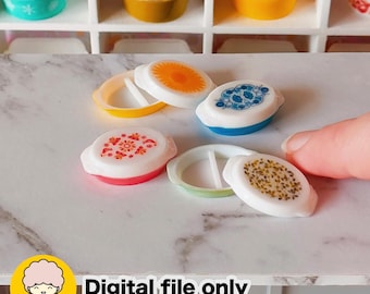 May include: Miniature Pyrex-style dishes with colorful lids. The lids feature various patterns in orange, blue, and red. The text "Digital file only" is visible in the lower left corner.