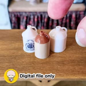May include: Miniature ceramic jugs in cream, brown, and white. One jug has a blue and white pattern. The jugs are on a wooden surface. The image includes the text "Digital file only".