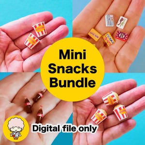 May include: A selection of miniature snacks, including popcorn, candy bars, and cola bottles. The image features the text "Mini Snacks Bundle" and "Digital file only". The snacks are held in a hand against a blue background.