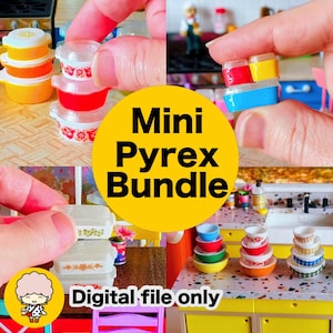 Puede incluir: Conjunto de miniaturas de platos Pyrex rojos, amarillos y azules. La imagen presenta pequeños cuencos y recipientes, algunos con tapas. El texto "Mini Pyrex Bundle" se muestra en un círculo amarillo, con "Digital file only" debajo.