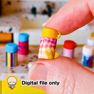 May include: Miniature colorful coffee cups with various designs, held between fingers. One cup features a yellow lid and a checkered pattern. Other cups have blue, red, and white lids. The image includes the text "Digital file only".