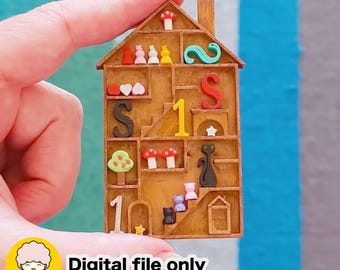 May include: A miniature wooden house with multiple compartments, filled with colorful decorative elements. Includes the numbers 1 and 2, the letter S, hearts, mushrooms, a tree, a cat, and the text "Digital file only".