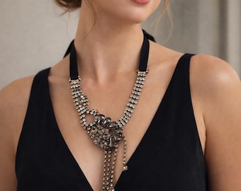 Vintage ART Rhinestone Statement Necklace Smoky Crystal Ribbon Tie Dramatic Bib