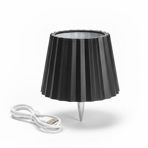 May include: A black, pleated lampshade-style light fixture with a silver base and a white USB charging cable. The lamp has a conical shape with vertical pleats. The cable is coiled next to the lamp.