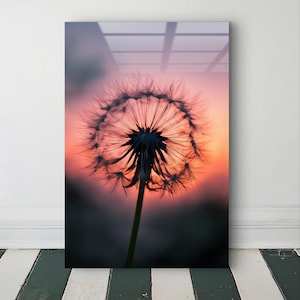 Sunset Dandelion Glass Wall Art: Modern Nature Print