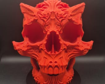 Gothic Demon Skull Sculpture | 3D Printed Fantasy Skull Decor | Dark Art Display