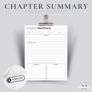 Puede incluir: Una hoja imprimible en blanco de Resumen del Capítulo con campos rellenables, sujeta por un clip plateado. La hoja incluye secciones para libro, capítulo, puntos clave y una lista de verificación. Una pegatina con el texto "Descarga instantánea" está en la parte inferior izquierda.