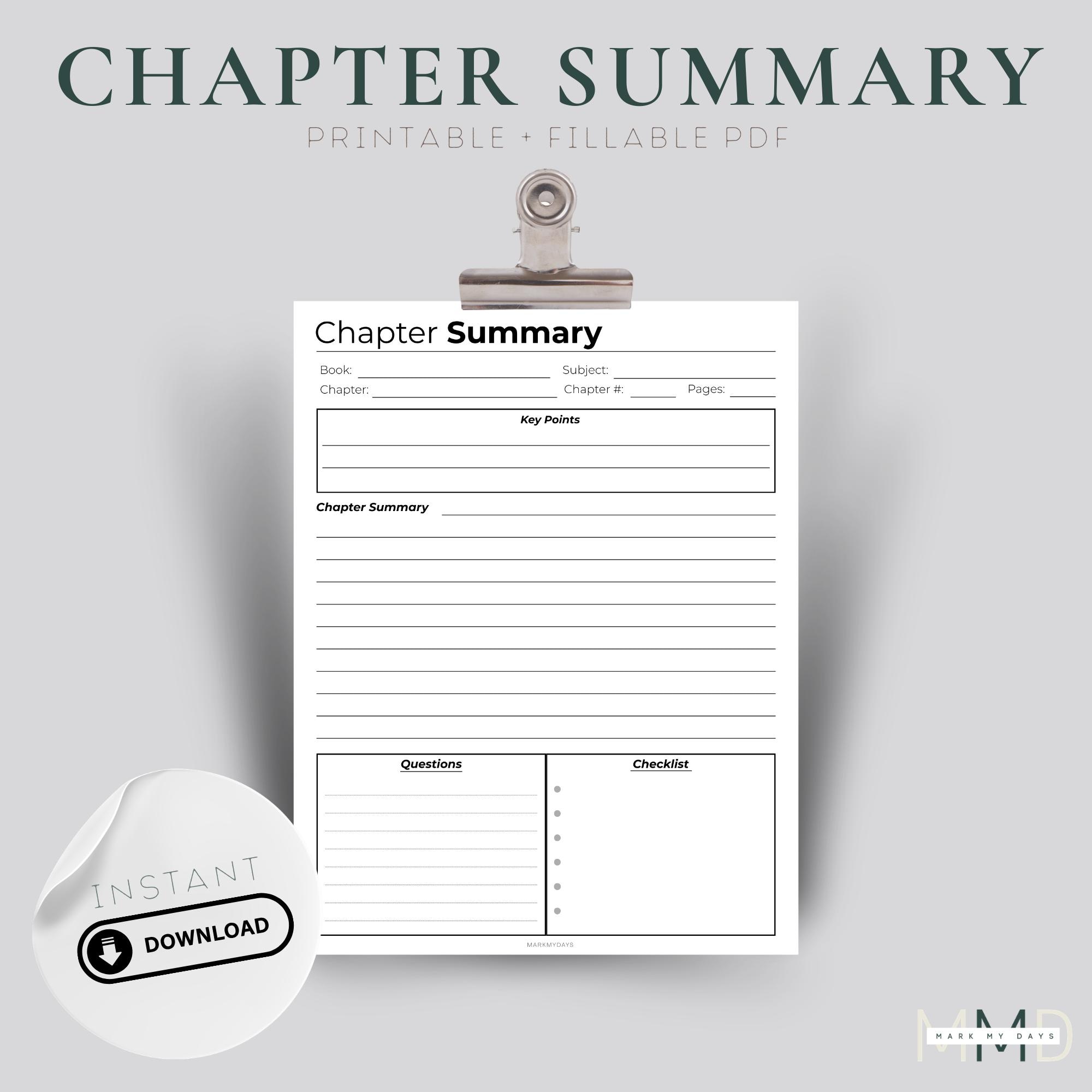 Printable Chapter Summary Template, Textbook Review, Book Revision ...