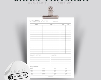 May include: A white printable exam tracker with the text "EXAM TRACKER" at the top. The tracker includes sections for upcoming exams, subjects to study, and study sessions. A sticker with "INSTANT DOWNLOAD" is in the lower left corner.