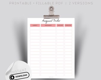Student Assignment Tracker: Printable Fillable Planner (PDF)