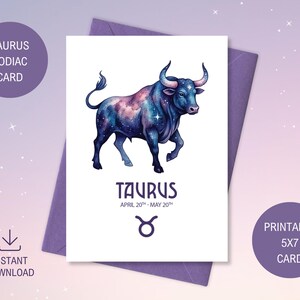 May include: A white card with a watercolor illustration of a Taurus bull with a galaxy design. The card includes the word "TAURUS" and the dates "April 20th - May 20th". The card is on a purple envelope.