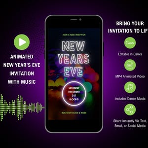 May include: A smartphone displays a New Year's Eve invitation with neon text. The invitation includes the text "New Years Eve", date, time, and the phrase "Bring Your Invitation to Life!" with options to edit in Canva, MP4 animated video, and share via text.